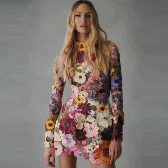 Emporium-Allure Dresses & Skirts - Floral Embroidered Sheer Overlay Mini Dress